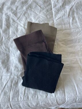Ribbed High-Waist Stretchy Leggings Trio - Black, Brown, Taupe (Medium)